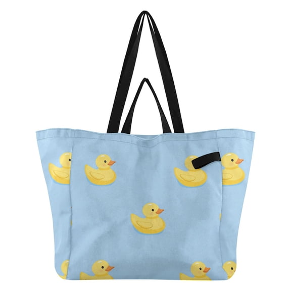 Cute Yellow Rubber Ducks Blue Background Foldable Canvas Tote Bags Reusable Grocery Bags Laundry Bags Beach Bag 32L
