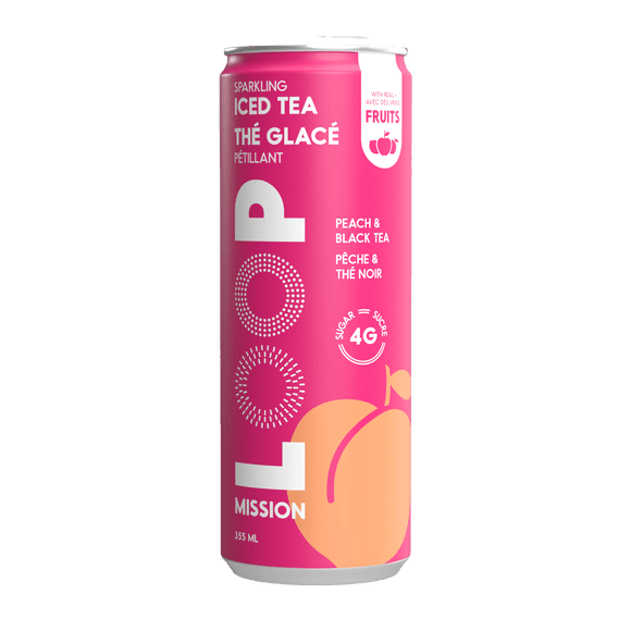 LOOP Mission Thé glacé pétillant, Faible en calories, Thé noir à la pêche, Jus de fruits revalorisés, 355 ml, 1 unité, Canette