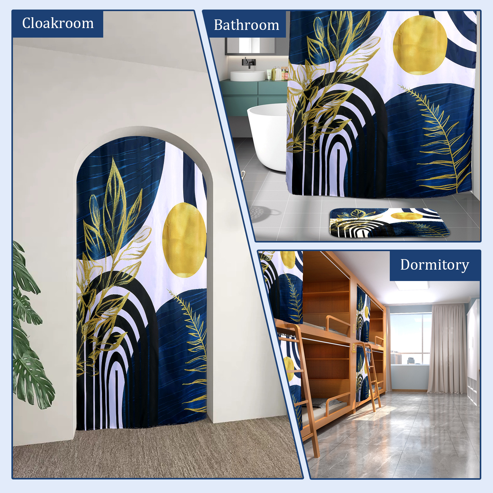 Dznils Boho Fabric Shower Curtain and Rug Sets, 16pc Modern Abstract Bathroom Sets, Blue, 72" x 72"