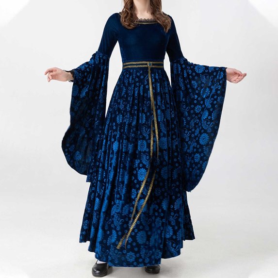 QLEICOM Women's 1950s Vintage Court Banquet Dress, Medieval Vintage Hooded Dress, Square Neck Tie Flare Sleeves Swing Dress, Halloween Cosplay Costumes for Women Blue L