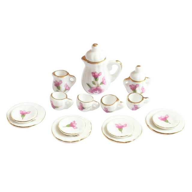 Mini House Tableware Set Accessory Miniature Teapot Model Kitchen Adornment 1/12 Scale Ceramic Scene Layout Dinnerware Kit Rose