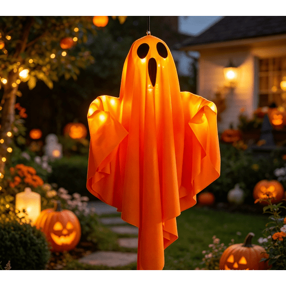 Halloween Decorations Outdoor, 2026 New 19.6" Large Hanging Swinging Ghost, Swinging Ghost Outdoor Decor with String Lights, Spooky Cute Ghosts Decorations for Front Porch Yard Tree (1PC)
