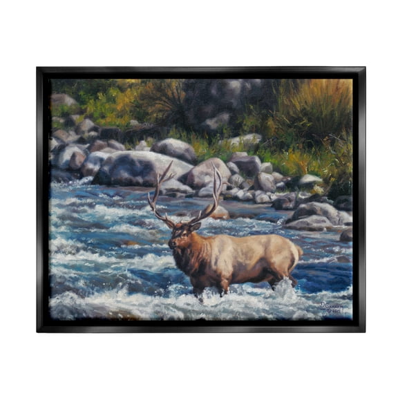 Stupell Industries Crossing The Rapids Elk Wildlife Animals & Insects Painting Black Floater Framed Art Print Wall Art