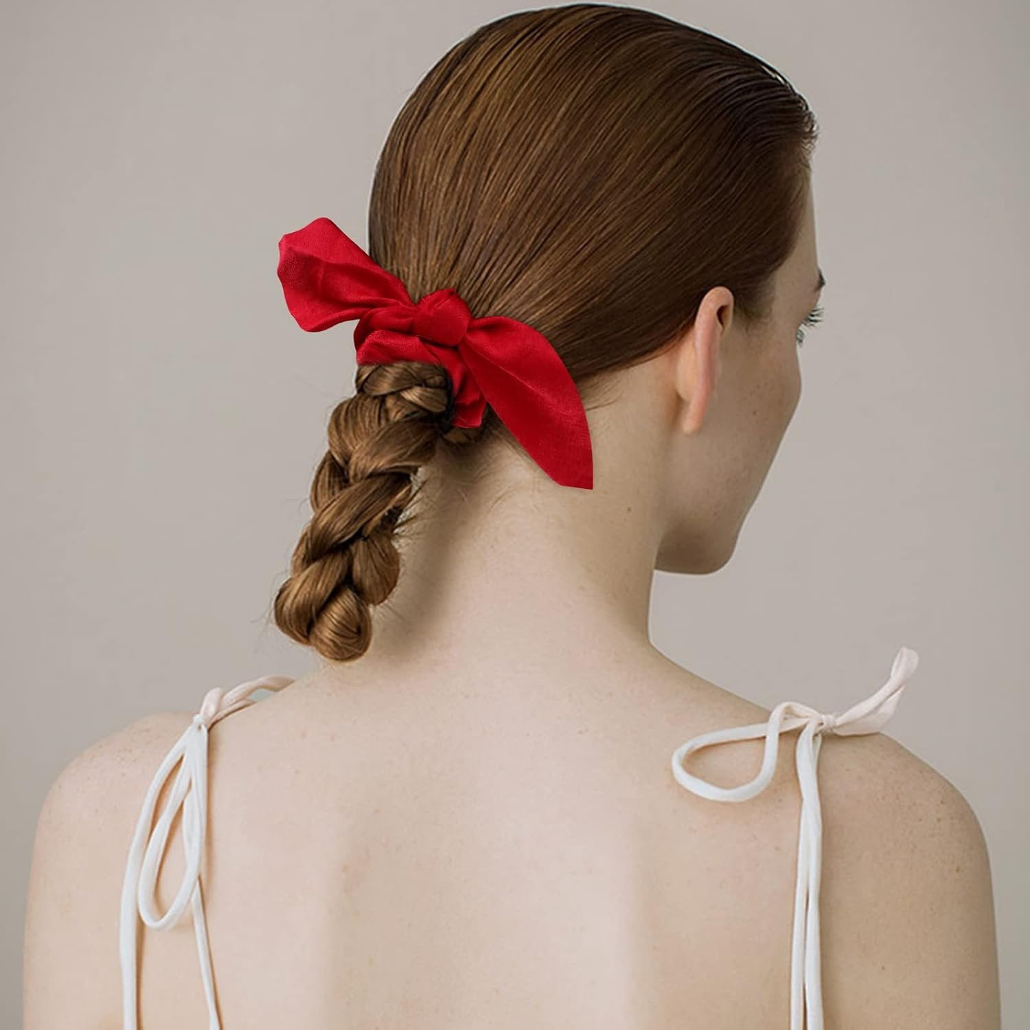 12 Pack Satin Scrunchies with Tails - Bow Hair Accessories for Thick Hair, Red Bunny Ear Hair Ties for Girls
