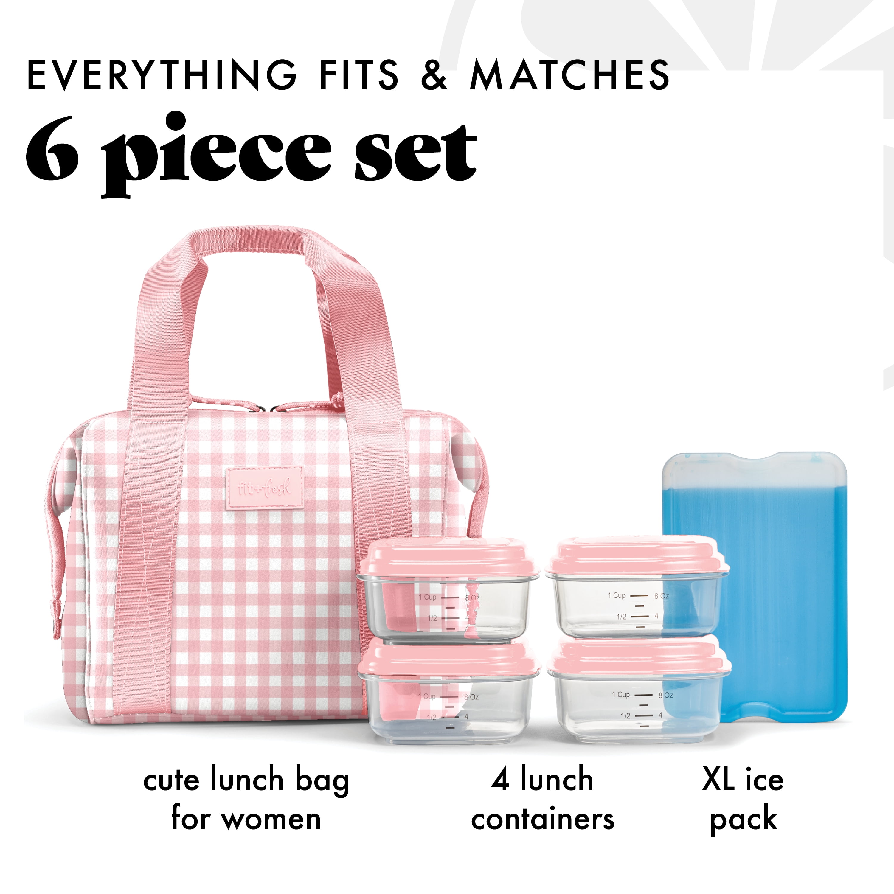 Fit + Fresh Remi Women's Lunch Bag, Self Insulating Neoprene Material Lunch Box With Containers & Ice Pack, Pink Gingham