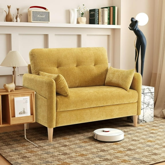 47" Small Sofa Couch for Bedroom, Soft Chenille loveseat Mini Couch with Throw Pillow and Removable Cushion Cover for Small Spaces, Living Room, Apartment, Dorm, Office(Yellow)