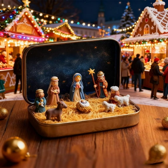 ICQOVD Mini Christmas Nativity Set in Tin Box – Small Religious Ornament, for Desk, Shelf, Office Decor