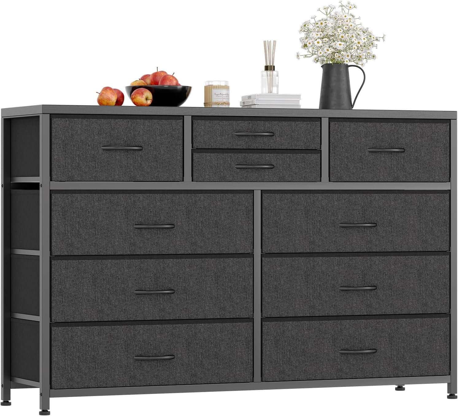 10 Drawers Fabric Dressers for Bedroom, Modern Chest of Drawers, Lightweight Entertainment Centre with Fabric Bins for Living Room, Hallway, 45" Wide TV Stand Dressers, Wood Top (Black_1)