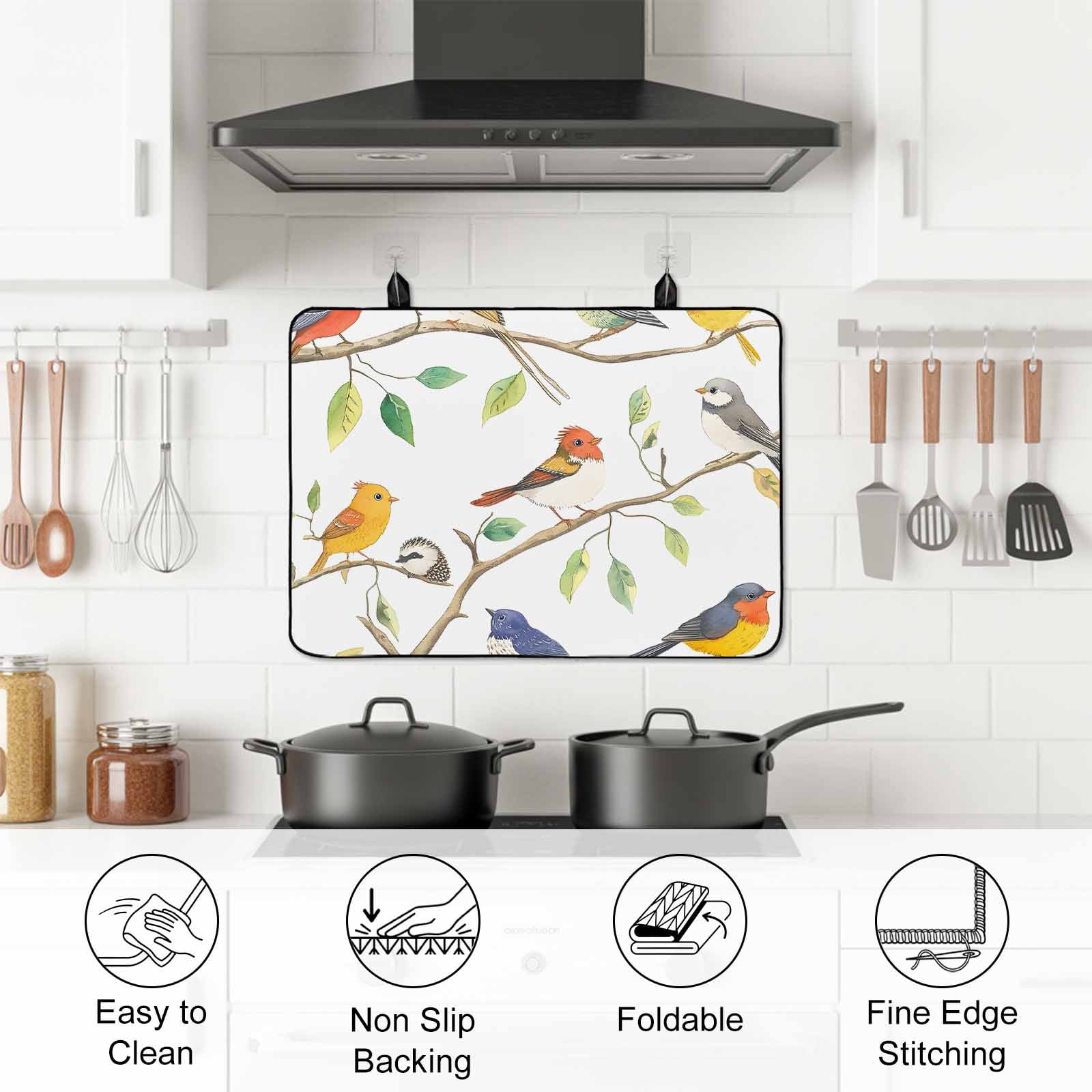 Watercolor Birds Stove Top Cover for Electric Stove, Heat-proof & Non Slip Glass Top Stove Cover Protector, Spring Botanical Leaf Branch Modern Kitchen Flat Cooktop Rubber Mat 24x21 Inches