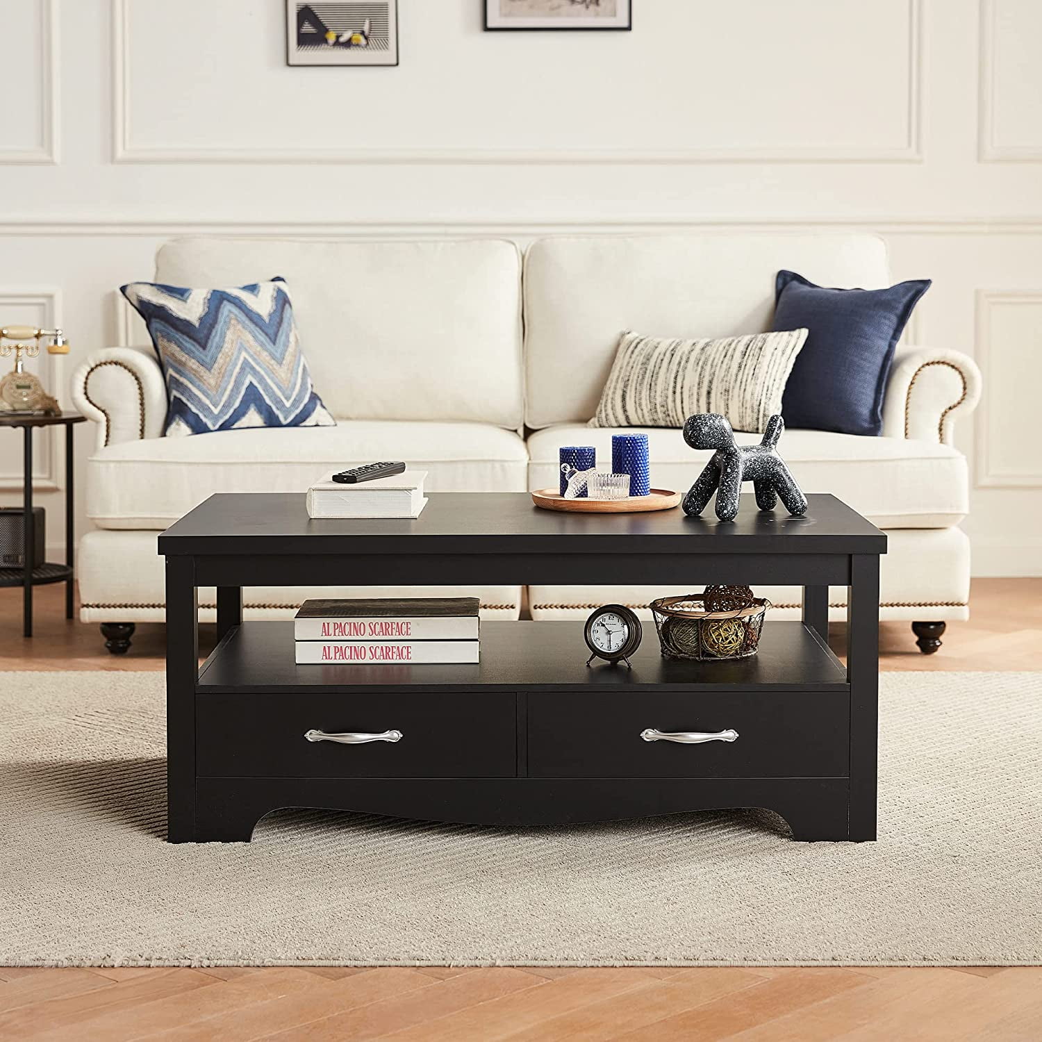 LINSY HOME Coffee Table with Storage Drawers, Wooden Farmhouse TV Stand Center Table for Living Room, Black