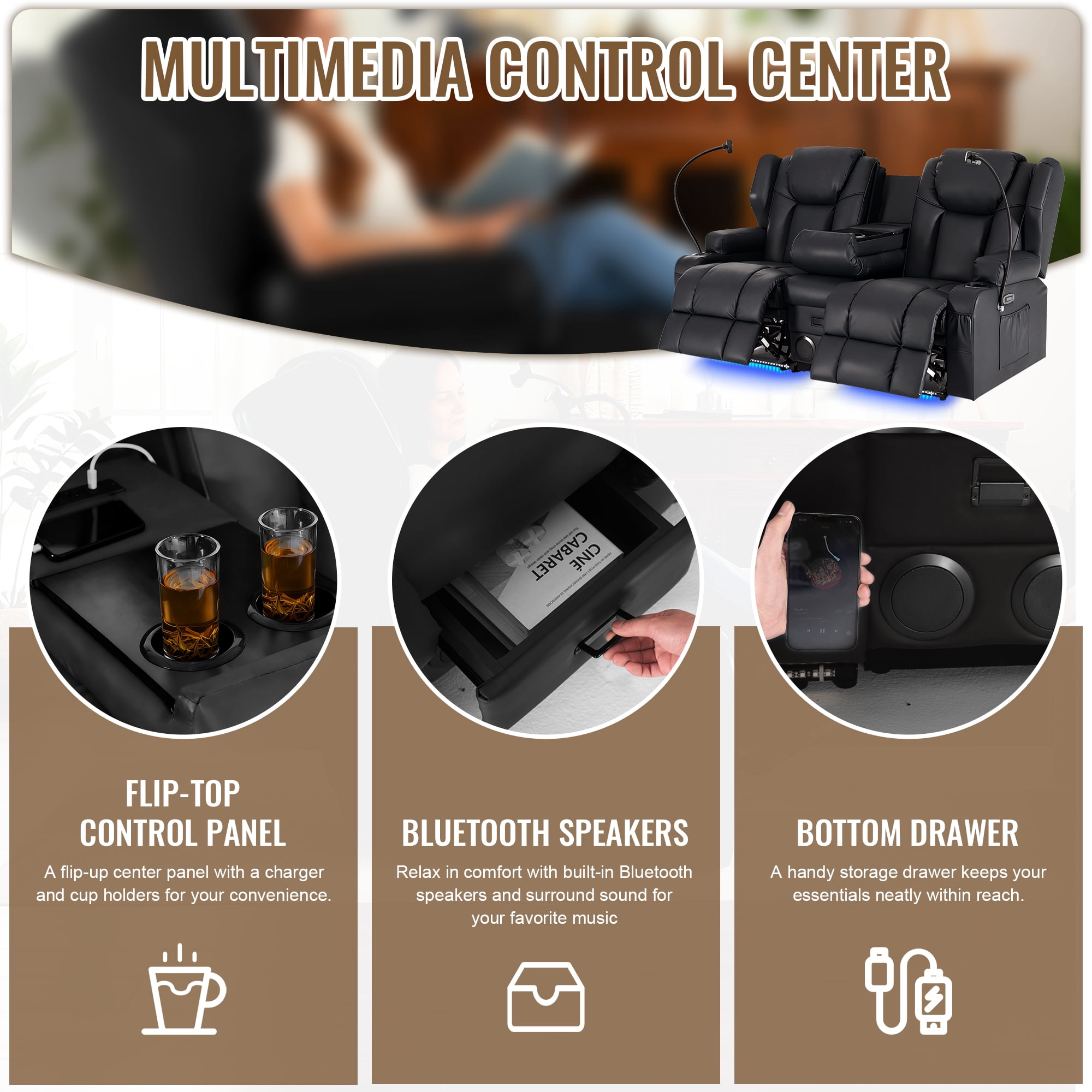 ROOMARK Loveseat Recliner Double Recliner RV Sofa & Console | Wall Hugger Loveseat Reclining RV | RV Theater Seats | RV Couch | RV Home Theater Seating Furniture