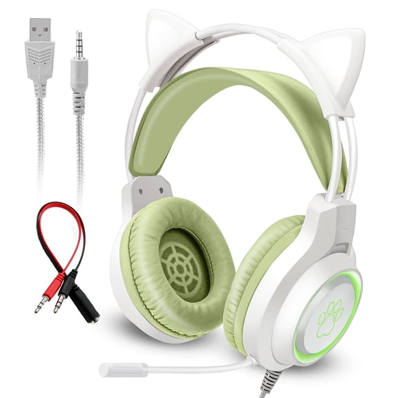 Cat Ear Wired Gaming Headset Fit for PC PS4 PS5 Xbox One Nintendo,Over-Ear Headphones with Noise Cancelling Mic for Girls
