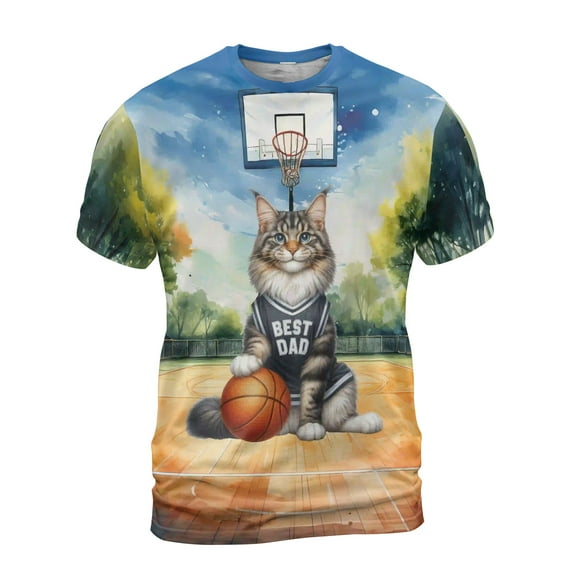 Happy Father's Day Maine Coon Playing Basketball with Best Dad Jersey All Over Print 3D Shirt Unisex Merch Cat Lover Kitten Owner Gifts - 13006