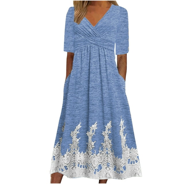 QIPOPIQ Robes pour Femmes à Étages à Manches Courtes Imprimé Tendance Col en V Robe d'Été Taille Haute Robes Décontractées Offres 2023