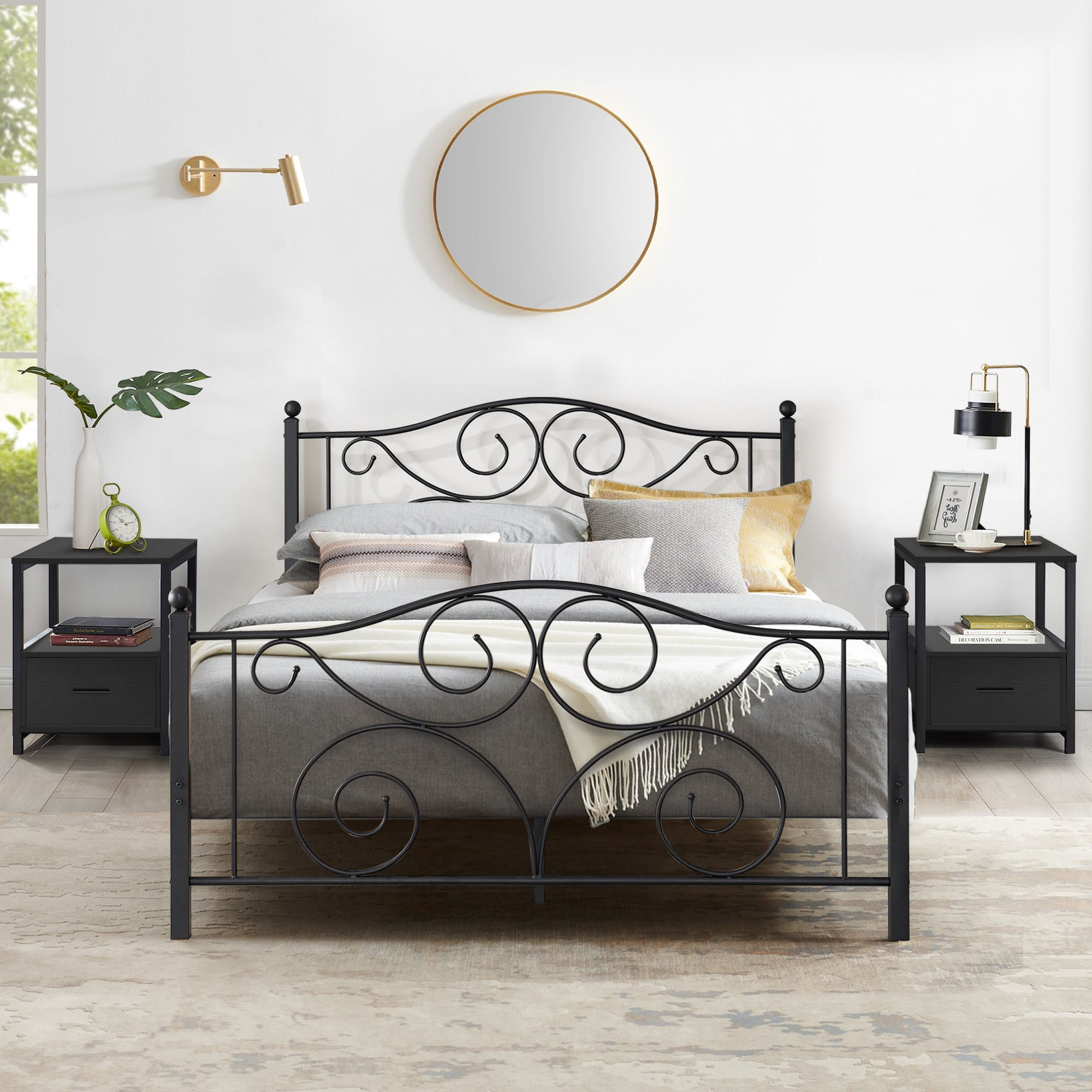 VECELO 3-piece Bedroom Set, Metal Platform Bed Frame and 2 Nightstand ...