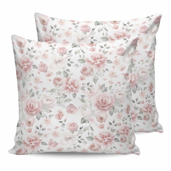 24x24 Pillow Covers Set of 2, Pink Rose Throw Pillow Covers Decorative Couch Cushion Case, Modern Simple Romantic Flowers Floral Leaves Microfiber Square Pillowcases for Bedroom Car Living Room