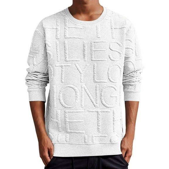 Men's Letter Pleats Knitted Pullover Soft Geometric Texture Crewneck Long Sleeve Casual Sweater Sweat Shirts Athletic Top Lightweight Basic Pullover Shirts