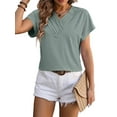 thumbnail image 2 of Womens Summer Top V Neck Short Sleeve Casual Blouse T Shirts Cute Loose Fit Trendy Basics Tees Bean Green S, 2 of 8