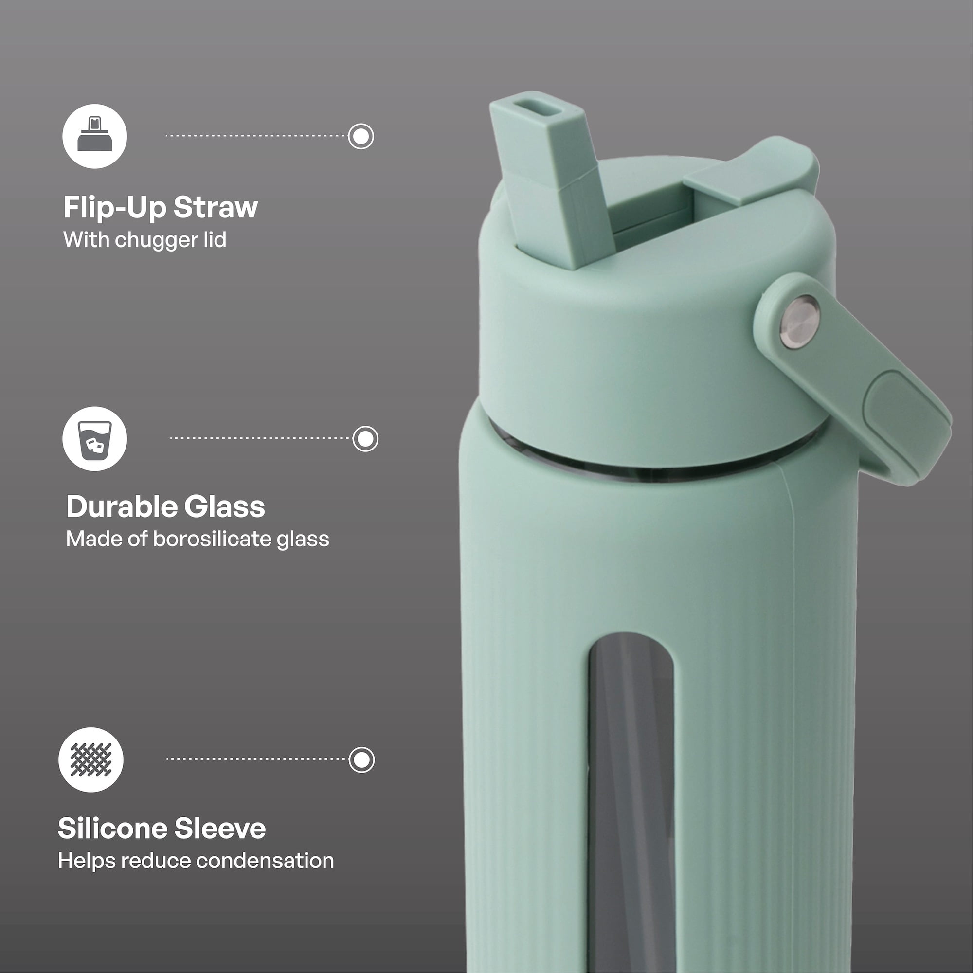 TAL 24oz Glass Willow Water Bottle with Flip-up Straw and Handle, Sage