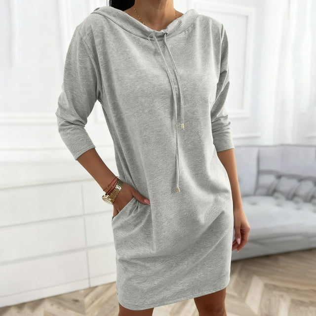 Mceream Robe Chandail pour Femme 2025 Décontractée à Manches 3/4 Mini Robe Col Montant à Cordon Chandail Tunique à Enfiler avec Poches Grande Taille Manteau Chamarras Para Mujer Gris TG