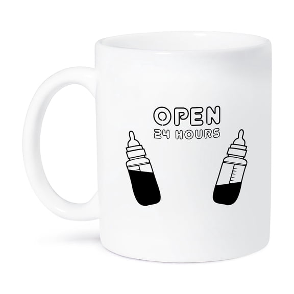 3drose, Funny Breast Feeding Design with Two Baby Bottles and Open 24 Hrs Sign, 11oz Mug