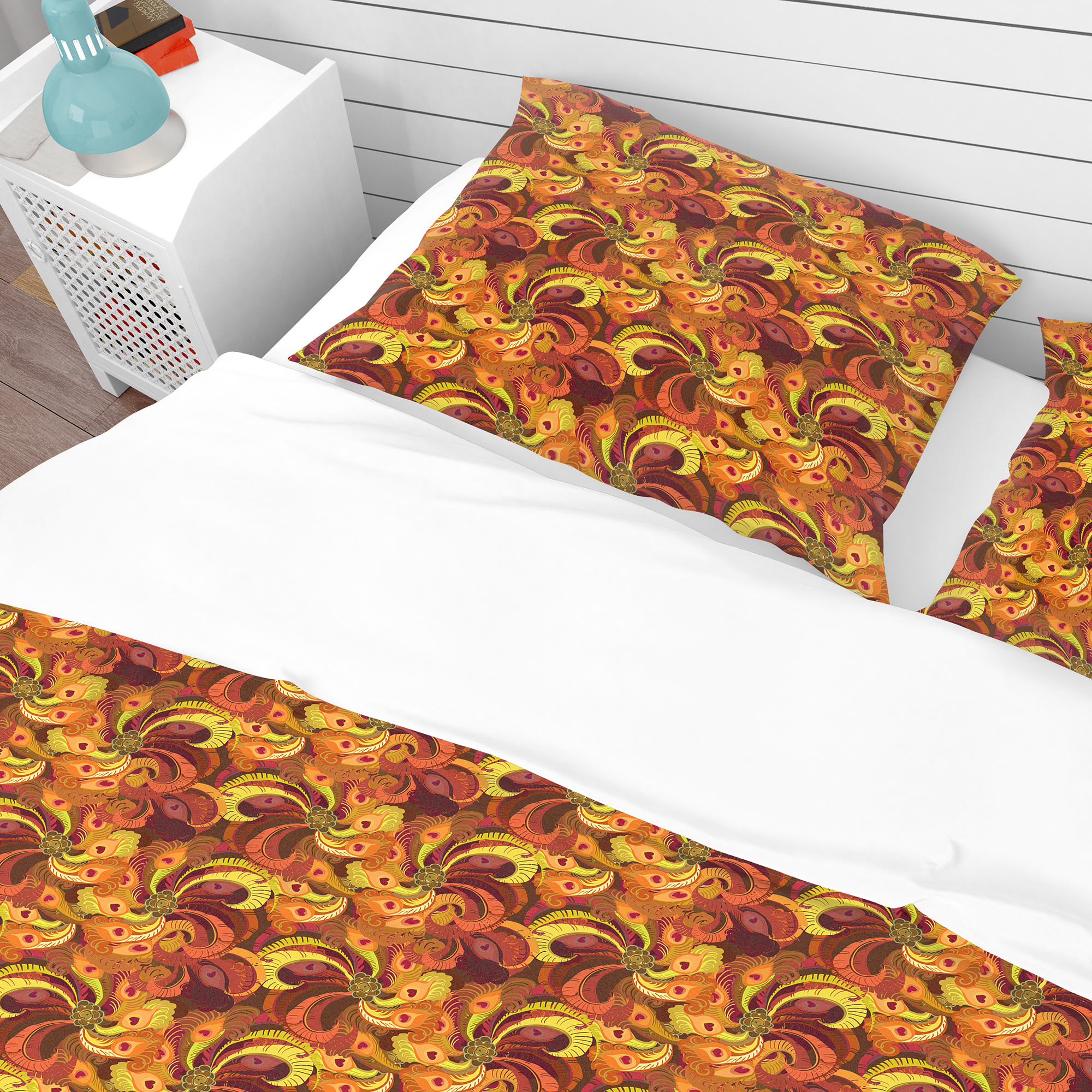 Designart 'Beautiful Golden Orange & Red Peacock Feathers' Bohemian & Eclectic Duvet Cover Set