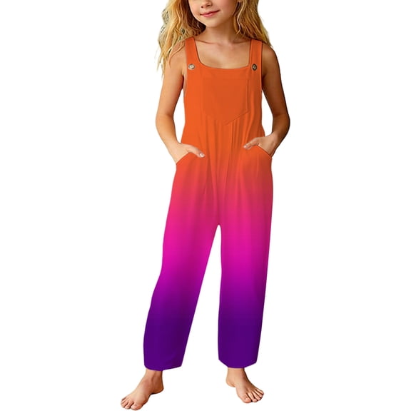 Ticikt Stylish and Casual Loose Fit Girls Romper with Pockets Color Long Pants Jumpsuit for Toddler and Kids Playwear,Color:Orange,Size:13-14 Years