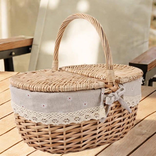 Cesta de picnic de mimbre, cesta de almacenamiento de mimbre con tapa y asa Country Vintage Medio