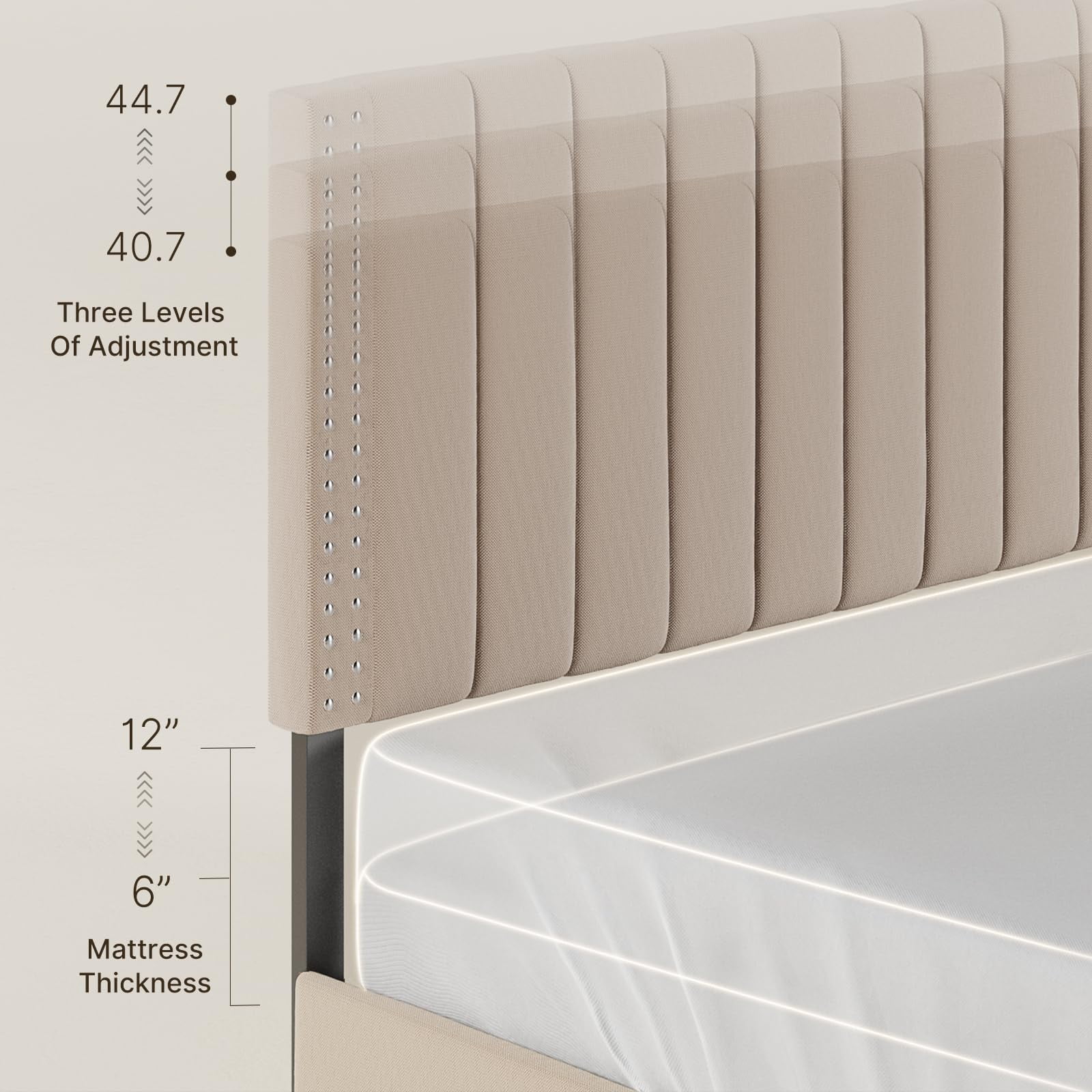 Lofka Full Size Platform Bed Frame with Adjustable Upholstered Headboard and Storage Drawers, Beige