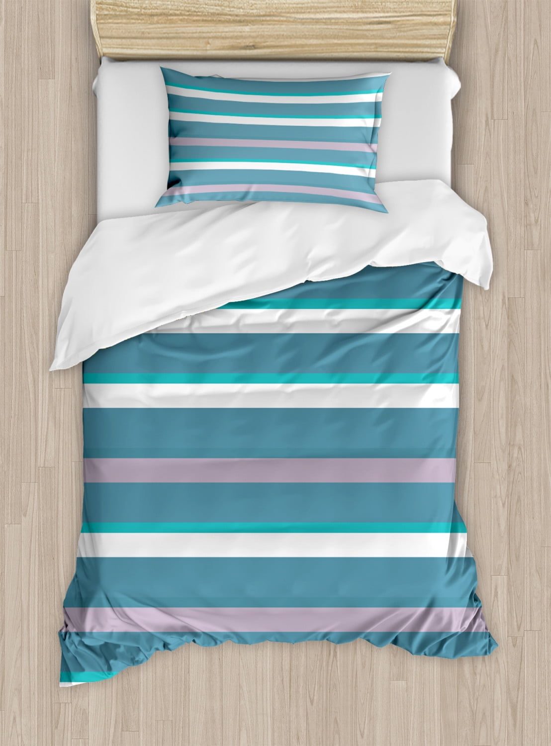 Striped Duvet Cover Set, Turquoise Dark Teal Stripes Thick and Thin