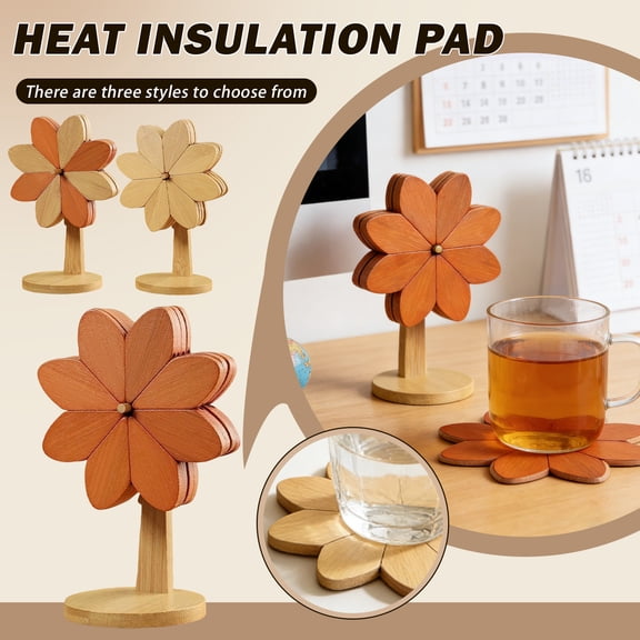 Wooden Trivet Set for Hot Dishes, Wooden Tree Coaster, Windmill Coaster Set with Holder, Tree Shape Heat Resistant Pot Holders, Wood Hot Pads for Kitchen Table, Dining Table Decor, A, 6.3"