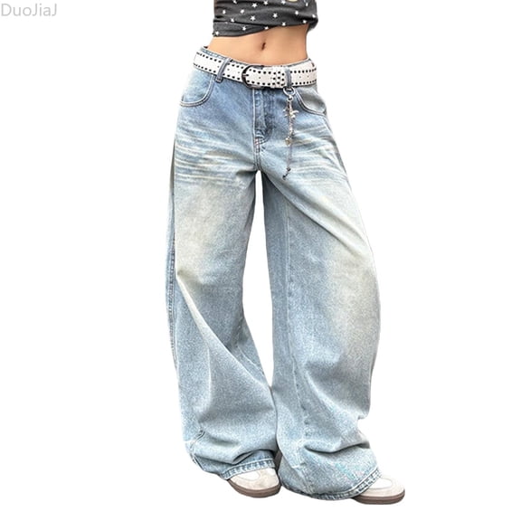 DuoJiaJ Casual Jeans High Waist Wide Leg Flowy Trousers With Embroidered Pockets And Flared Hem Women's Wide Leg Pants Blue L