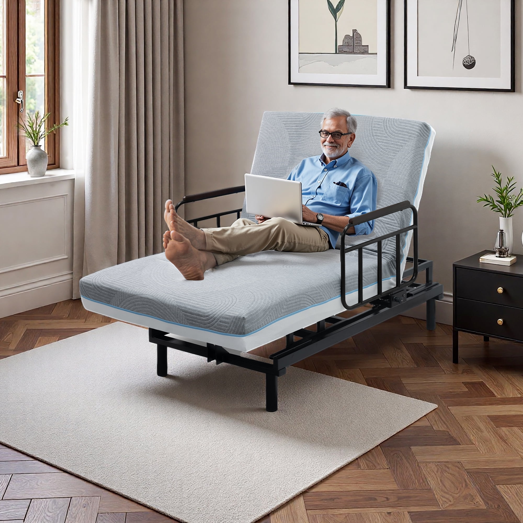 Montary Electric Hospital Bed - One-Touch Remote Back/Leg Adjust, Safety Rails & Stand Assist, for Elderly/Pregnancy Care