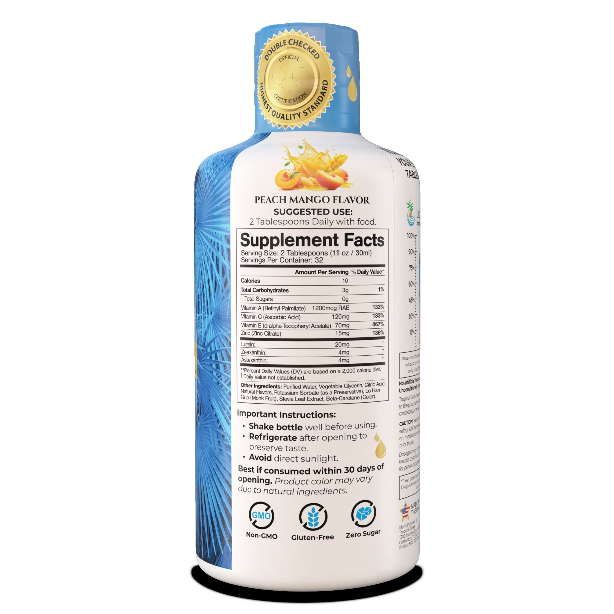 Tropical Oasis Eye Health Liquid Vitamin Supplement, 20/20 Vision Max, 20mg Lutein, 4mg Zeaxanthin, 4mg Astaxanthin, Vitamin A, C, E & Zinc, 32 fl oz, 32 Servings