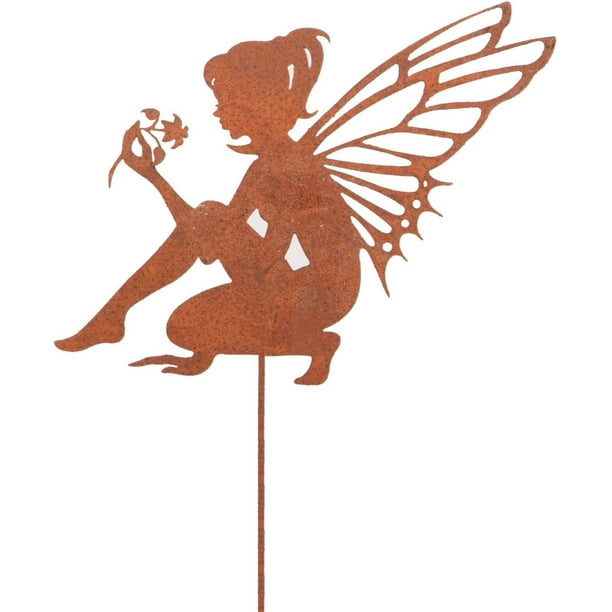 NETSENG Statuette de fée en métal rouillé, piquet de jardin, figurine  décorative, elfe assis sur un bâton, 29 x 24 cm (petit) décoration florale  
