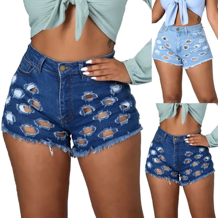 Pxkloy Womens Jean Shorts Casual High Waisted Hollow Out Denim Short Frayed Stretch Ripped Jeans Shorts for Ladies Dark Blue,XL