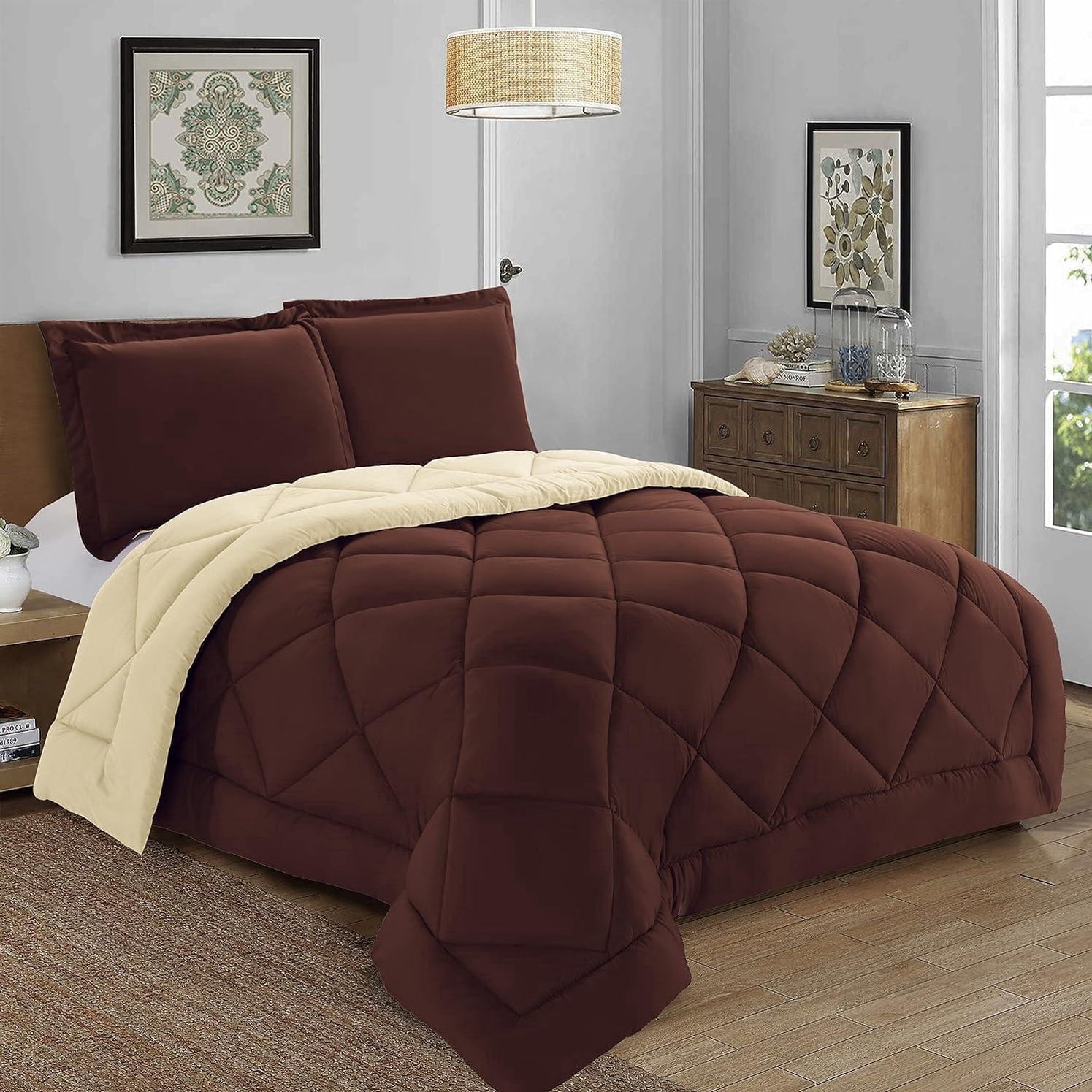 Elegant Comfort Reversible Down Alternative Comforter Set, Soft Microfiber All-Season Bedding, Lightweight Wrinkle & Fade Resistant Comforter,King/Cal King, Brown/Cream