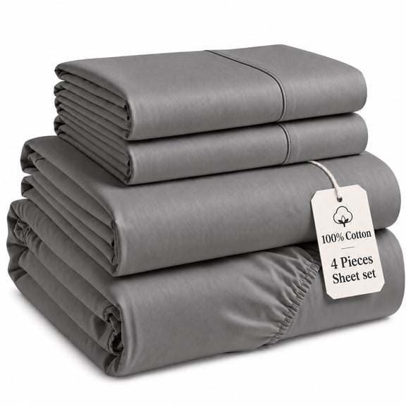Linnene 4 Piece California King Size Sheets Set, 100% Long-Staple Cotton, Soft, Smooth & Silky Sateen, Fits up to 18", All Season Use (Light Gray)