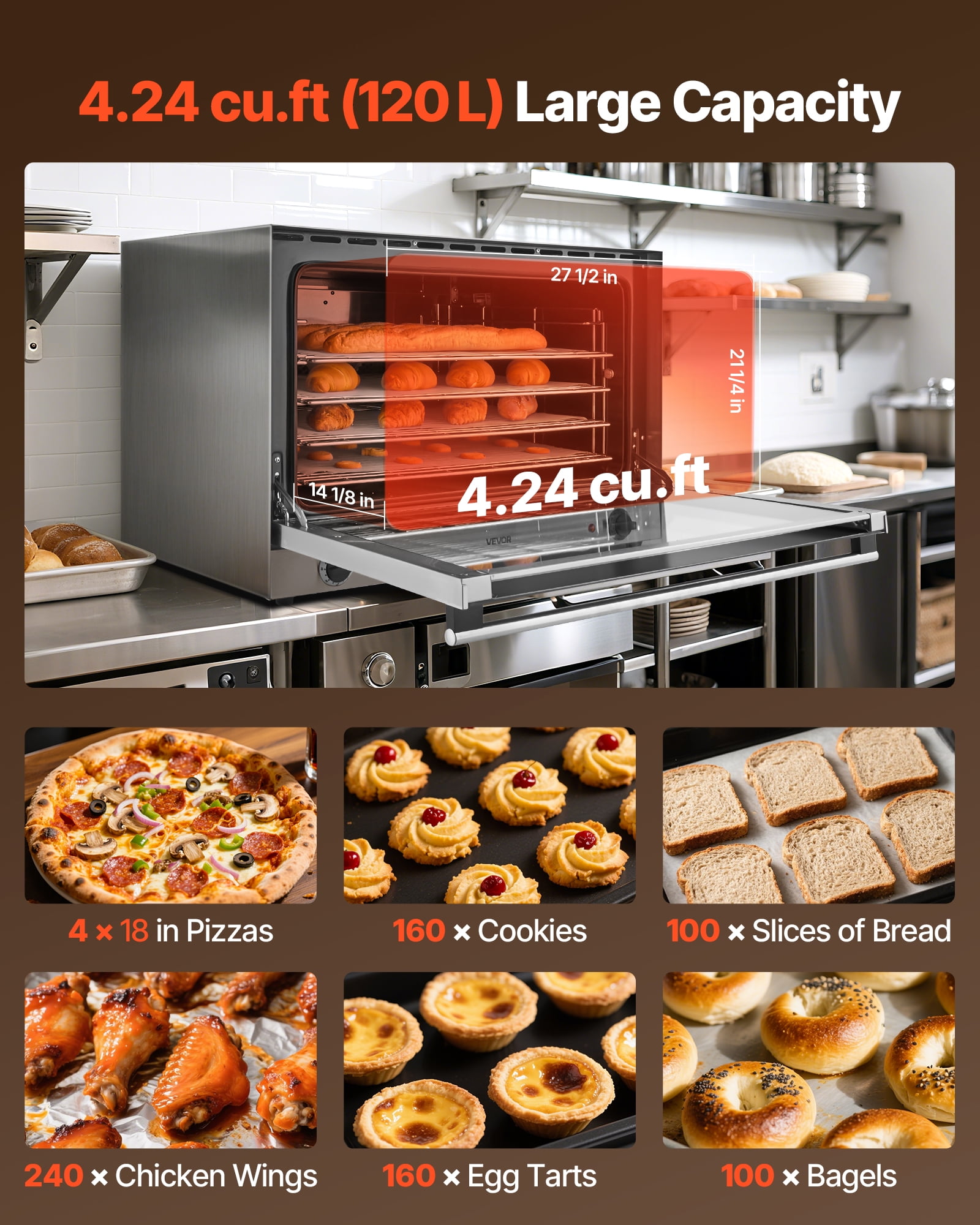VEVOR Commercial Convection Oven, 4.24 Cu.ft Conventional Countertop Oven for Full-Size Pans, Electric Convection Ovens with 4 Racks, 360° Hot Air Circulation, for Bakery, Restaurant & Pizza Shop