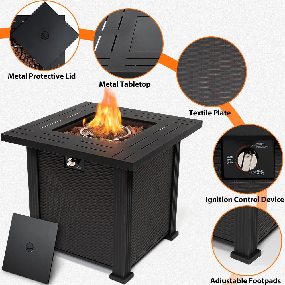 2-in-1 Propane Fire Pit Table, Outdoor Table with Fire Pit, 28 Inch 50,000 BTU Auto-Ignition Gas Fire Pit Table with Lid and Lava Rock, Square Fire Table for Yard Patio Garden