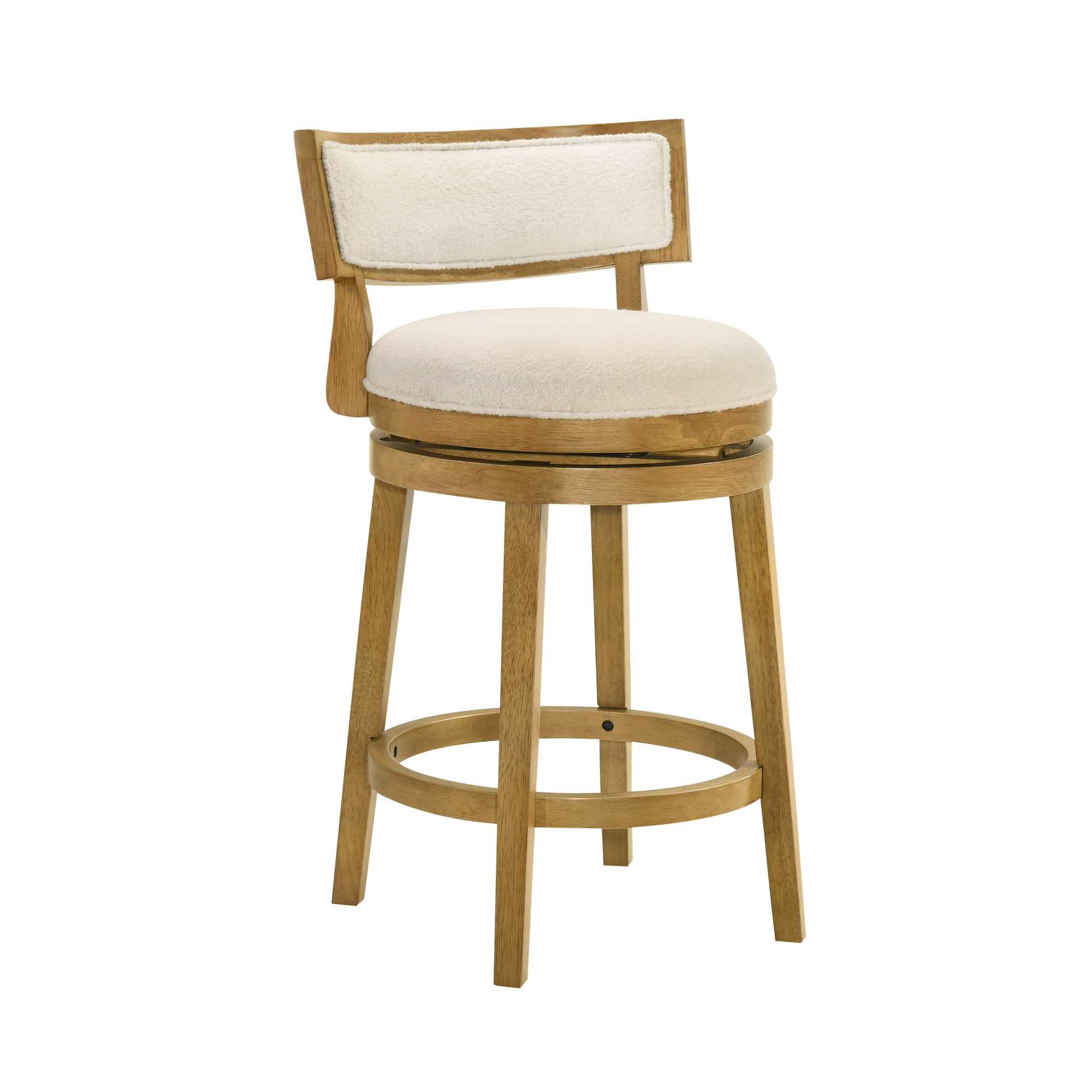 Noely Modern Farmhouse Swivel Wood Counter Height Kitchen Bar Stool in Amber Glow Finish with White Boucle Fabric Upholstered Seat - Set of 4