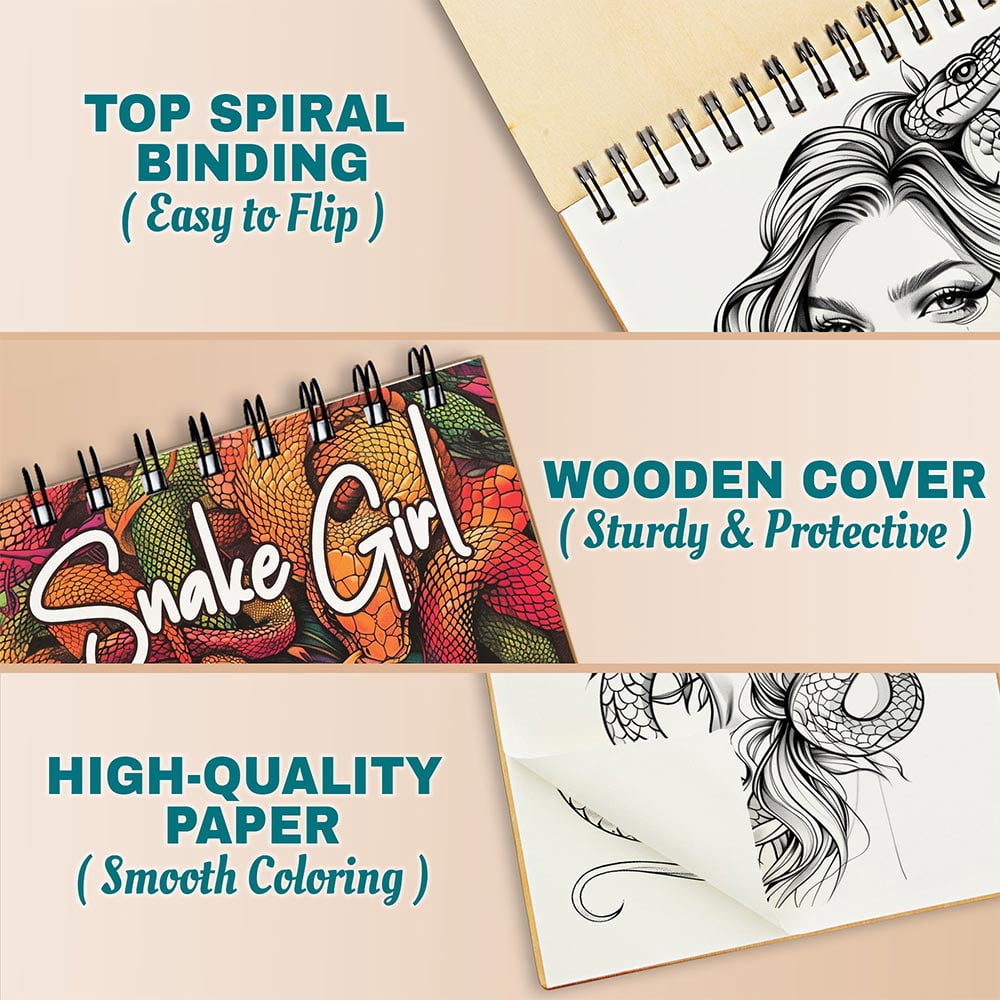 Netecom Snake Girl Coloring Book for Adults, A5 Wooden Cover, 30 Enchanting Portrait Coloring Pages of Serpentine Beauties for Stress Relief and Relaxation, Spiral Bound Edition