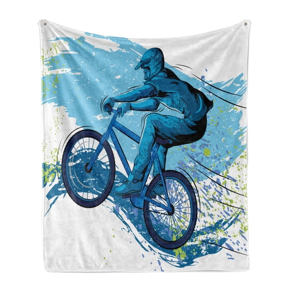 Sports Soft Flannel Fleece Throw Blanket, Concept of Sportsman Cycling on Grungy Background with Color Splashes, Cozy Plush for Indoor and Outdoor Use, 60" x 80", Blue Aqua Pale Green, by Ambesonne