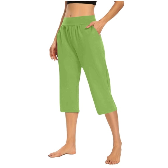 Capris for Women Elastic Waist Pocket Cropped Pants Casual Solid Stretchy Stylish Summer Pants