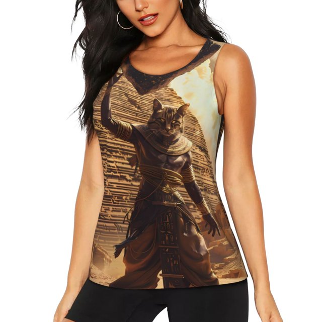 Balery Egyptian Cat Pharaoh Magic Camiseta sin mangas estampada ligera para mujer, tops de entrenamiento sin mangas, camisetas de yoga transpirables de secado rápido.-Small