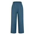thumbnail image 4 of VEKDONE Summer Linen Straight Trousers for Women High Elastic Waist Ankle Pants Loose Fit Plus Size Lounge Pant with Pockets Solid Color Lightweight Long Pants ZC Navy Small, 4 of 7