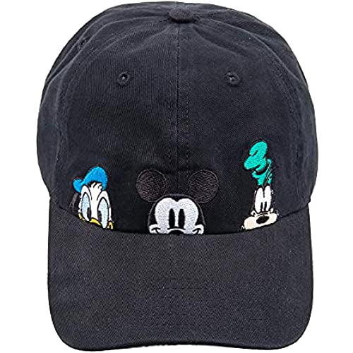 Disney Mickey Mouse and Friends Peek-A-Boo Embroidered Cotton Adjustable Dad Hat with Comic Strip Print Curved Brim, Black, One Size
