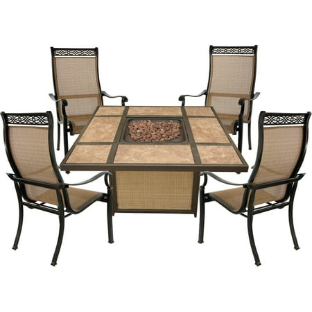 Fire Pit Tables And Chairs Sets Hanover Monaco 5-Piece Fire Pit Chat Set with 4 Sling Chairs and a 40,000 BTU Tile-Top Propane Fire Pit Coffee Table ()
