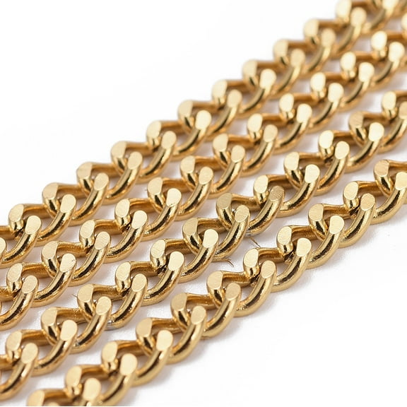Ion Plating(IP) 304 Stainless Steel Curb Chains Twisted Chains Unwelded with Spool Real 18K golden Plated 7x5x2mm about 32.8 Feet(10m)/roll