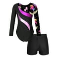 thumbnail image 2 of TiaoBug Girls Rhinestone Long Sleeve Gymnastic Leotard with Shorts Tumbling Athletic Unitard Black 10, 2 of 7